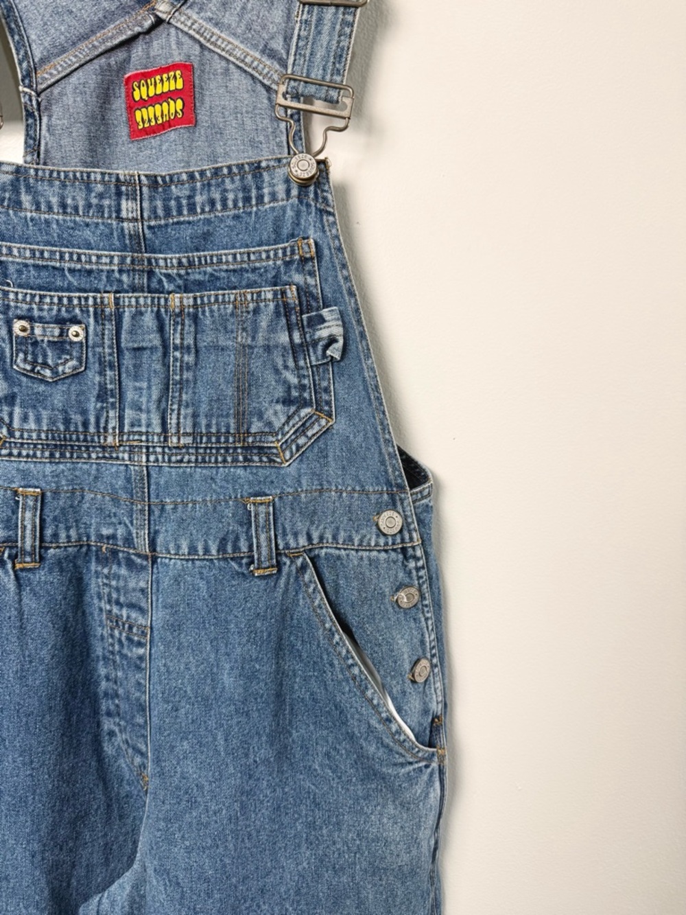 Vintage 90s Squeeze Denim Carpenter Overalls Bibs Y2K Grunge Medium Wash Small - Picture 3 of 9